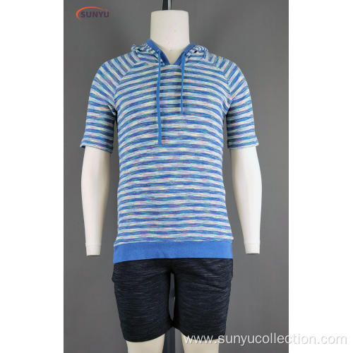 Men's yarn dyed short sleeve t-shirt with hood